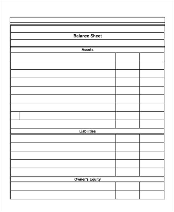 A simple printable balance sheet with prefilled fields for various 