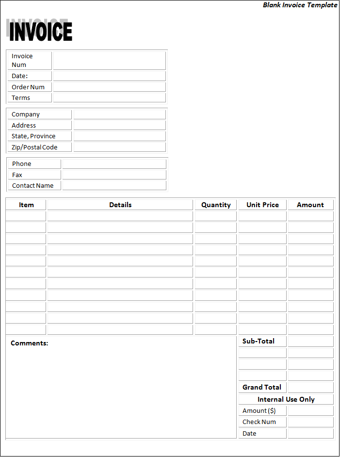 Blank Invoice Template   Printable