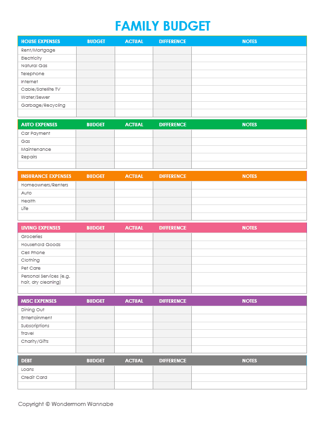 Budget Printable Worksheet