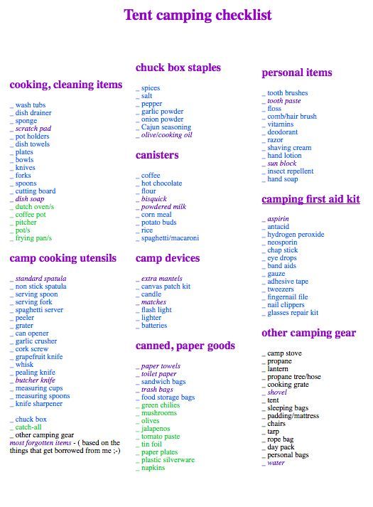 tent camping checklist & 7 day meal plan with food list   free PDF 