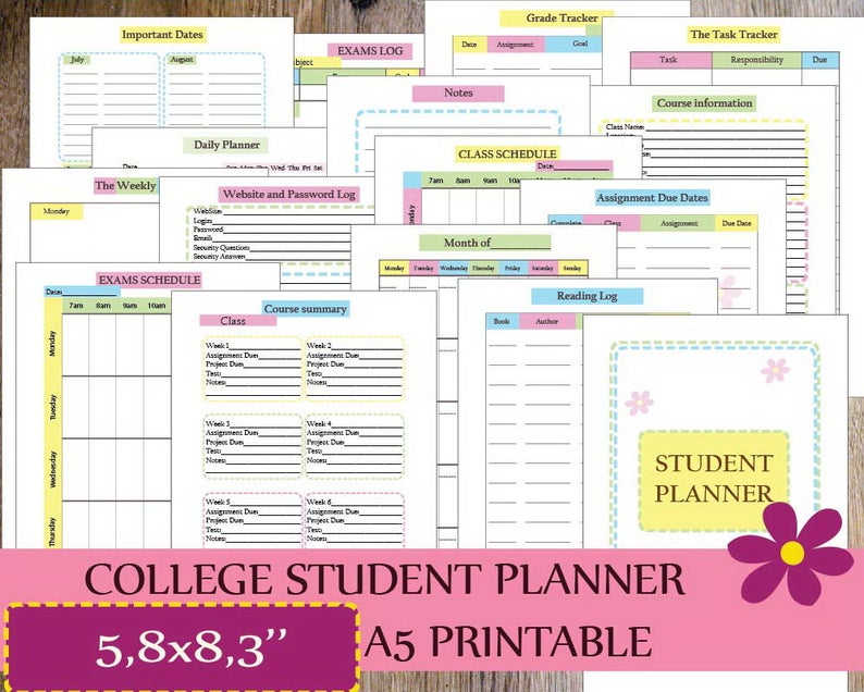 College Planner Study Planner Inserts A5 Printable 2019 | Etsy