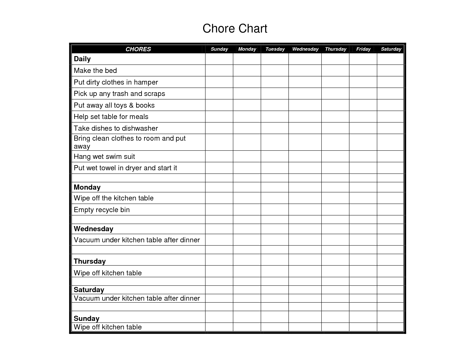 Printable Daily Chore Charts Templates | Knowledge | Daily chore 