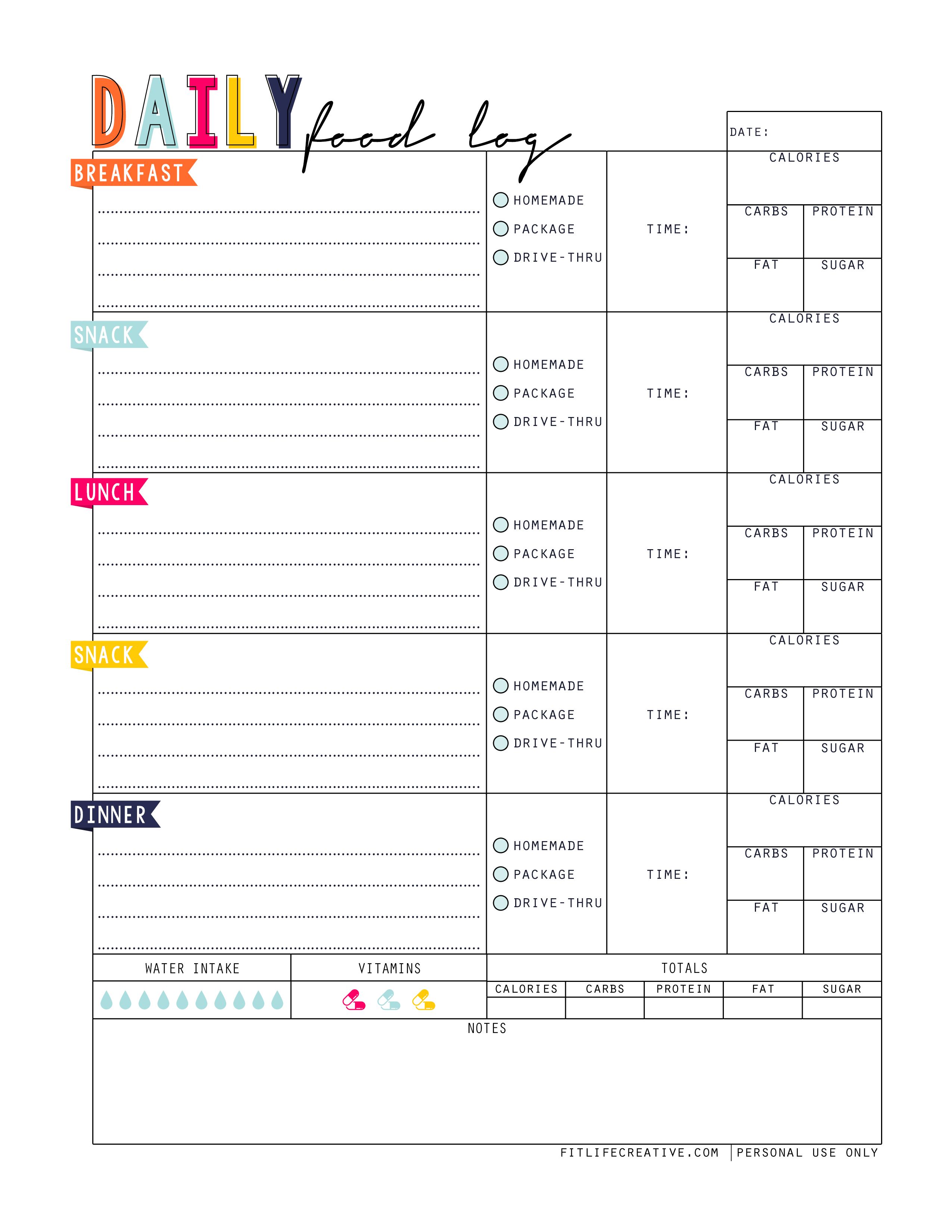 Daily Food Log Printable A successful health and fitness journey 