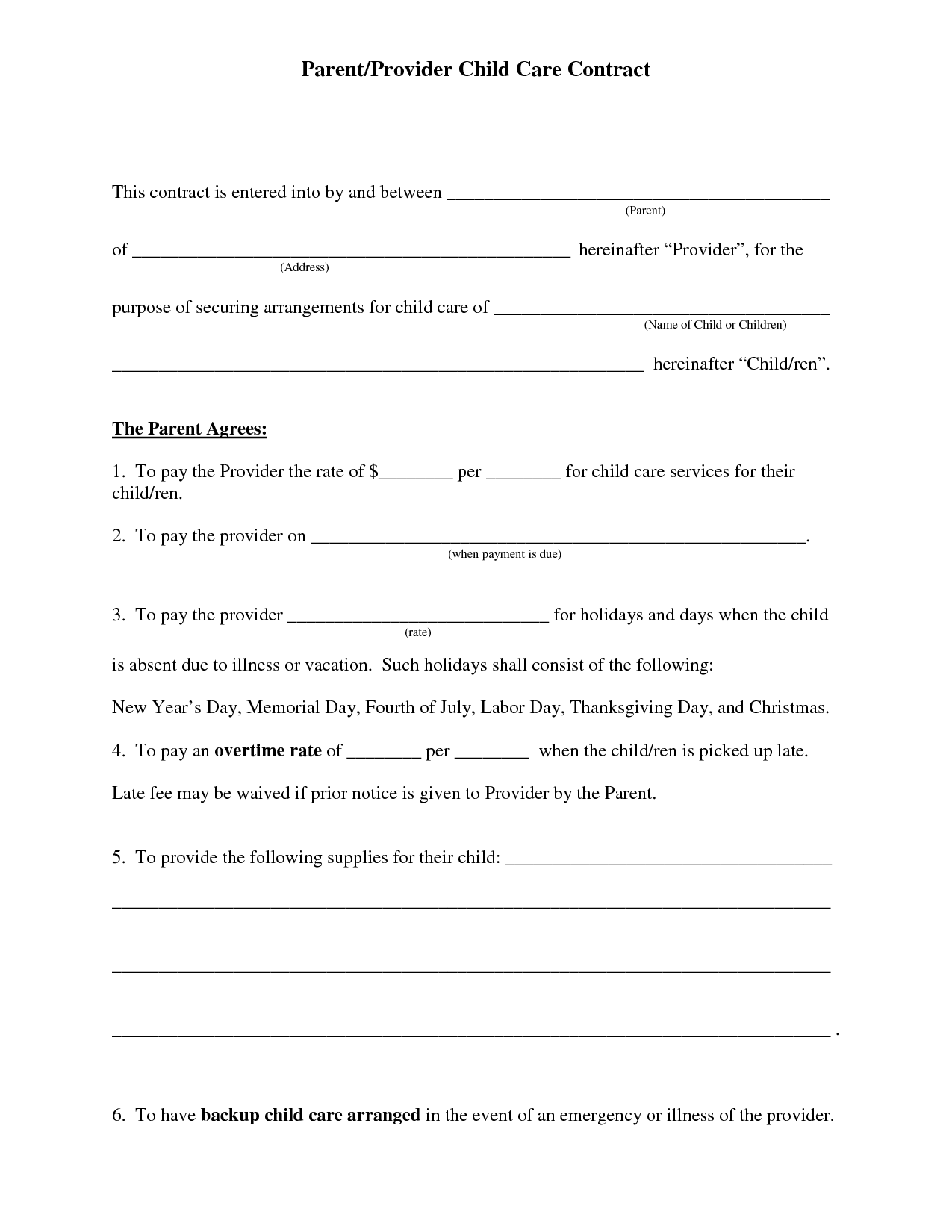 Free Daycare Contract Forms | Daycare forms | Daycare contract 