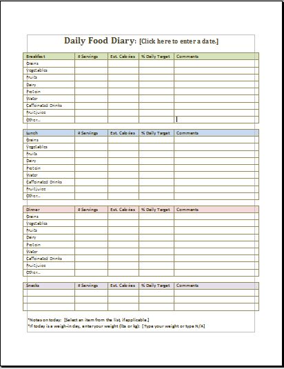 Daily Food Diary Chart Template | Printable Medical Forms, Letters 