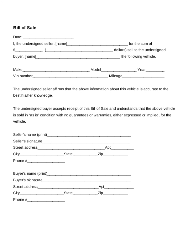 Free Bill of Sale Template   Printable Car Bill of Sale Form