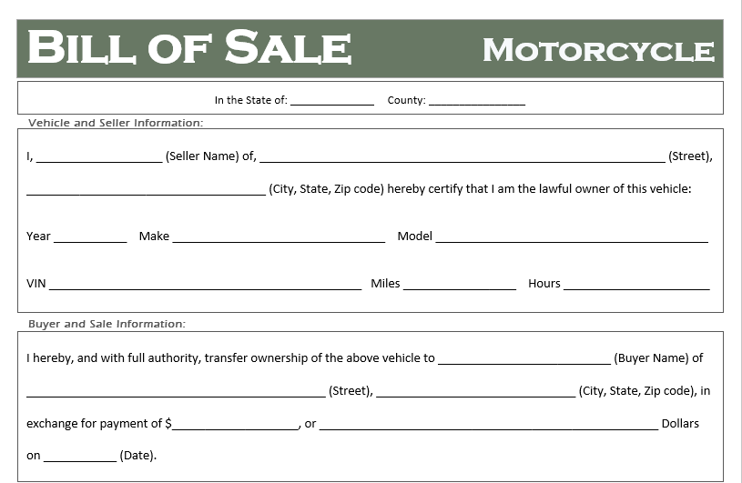 Free Motorcycle Bill of Sale Templates   All States   Off Road Freedom