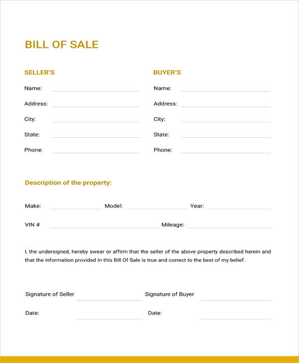 Free Printable Bill Of Sale Forms Template Business PSD Excel Word PDF