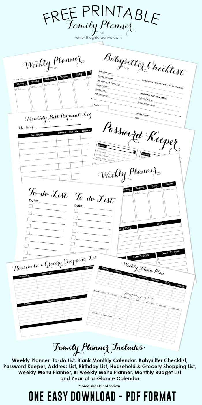 Free Printable Family Planner | Shopping Lists, Password Keeper 
