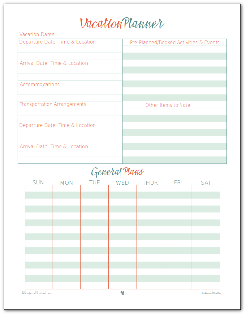 Vacation Planner Printables | Travel | Travel itinerary template 