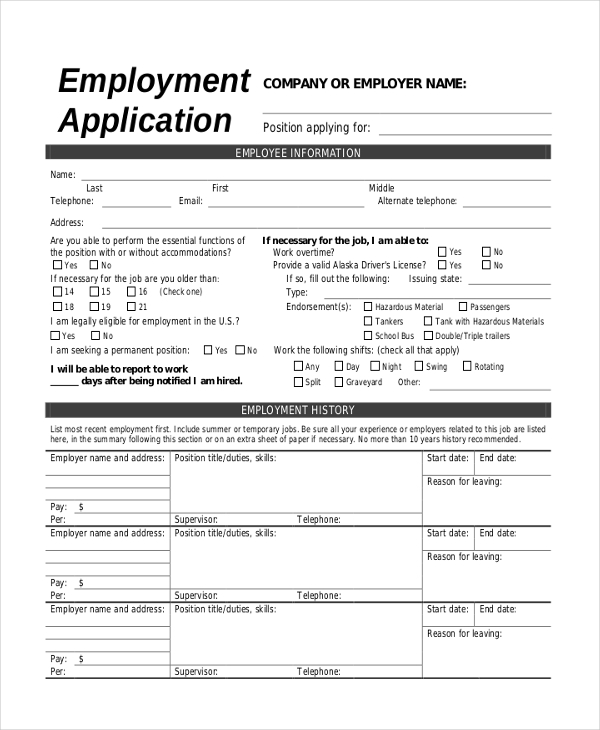 General Employment Application Printable | shop fresh