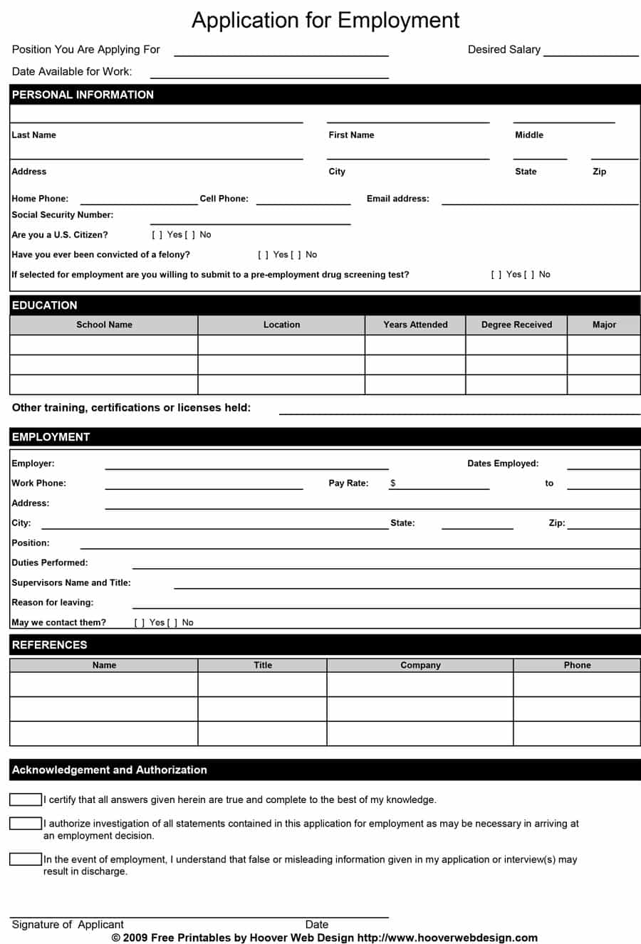 Generic Printable Employment Application Template Business PSD Excel Word PDF