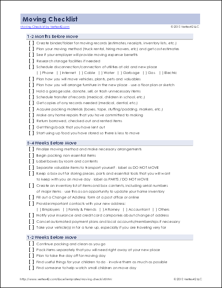 Detailed Moving Checklist   Printable Moving Checklist for Excel