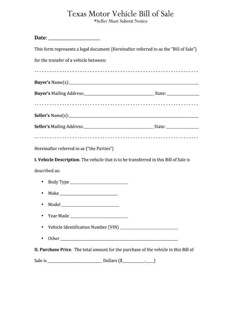 Bill Of Sale Form Texas   Fill Online, Printable, Fillable, Blank 