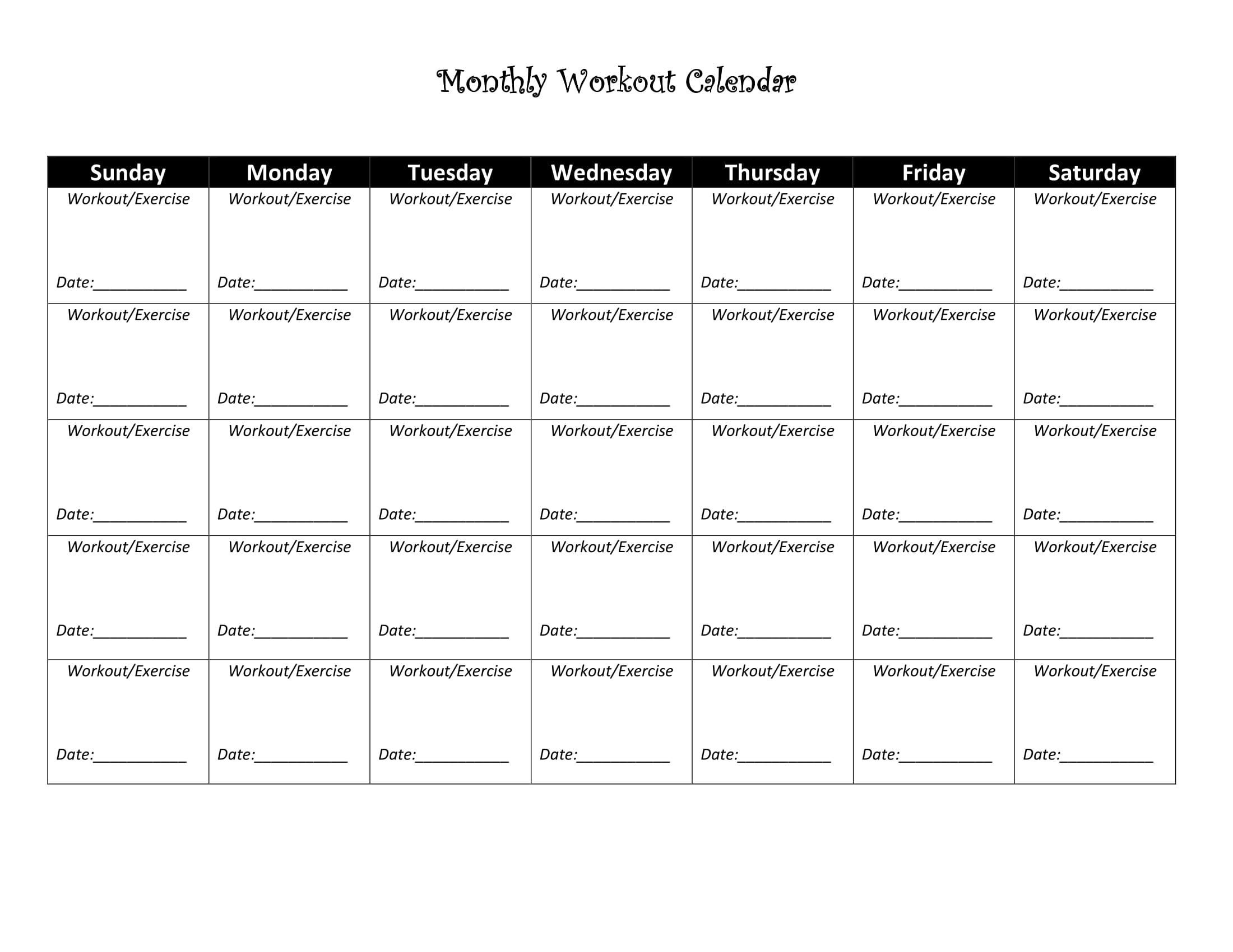 Simple Workout Calendar Printable 2019 for Weight Loss