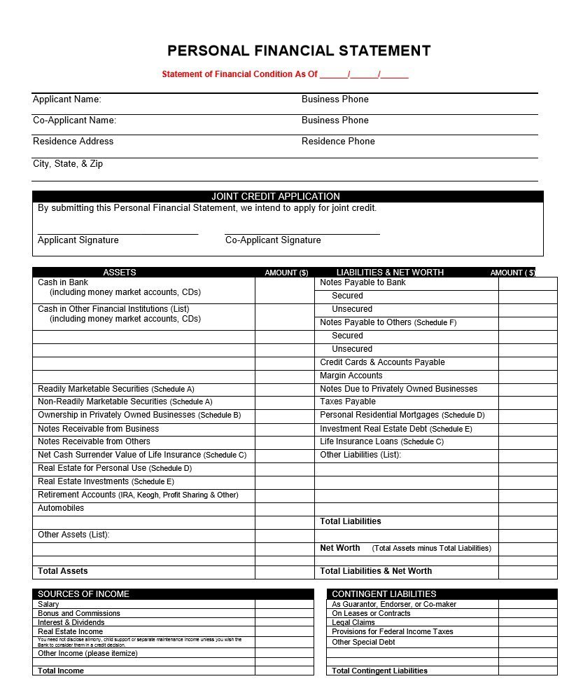 Free Printable Personal Financial Statement | Excel Blank Personal 