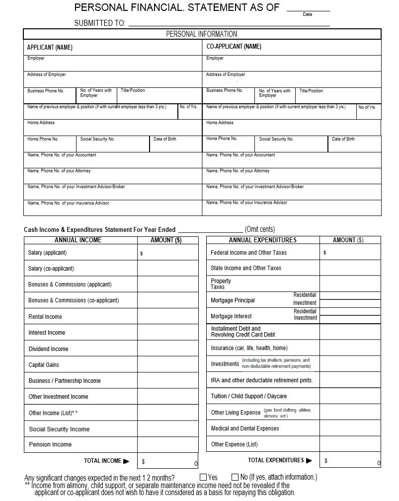 26 Printable Personal Financial Statement Form Templates 