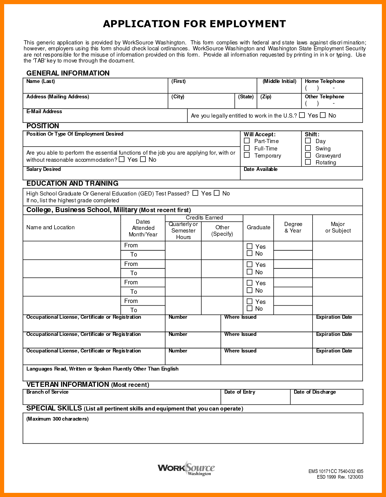 Printable free job applications templates