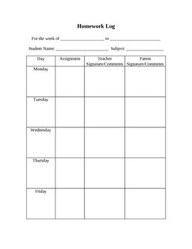 Homework Logs | TpT FREE LESSONS | Homework sheet, School 