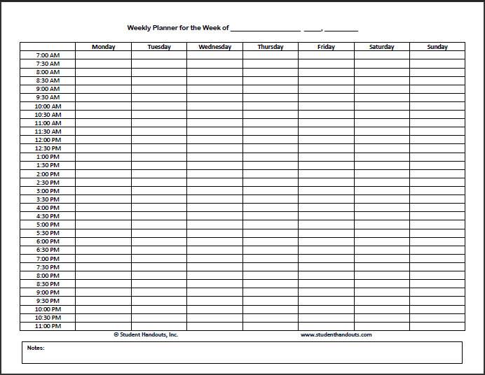 Free Printable Weekly Hourly Daily Planner | Student Handouts
