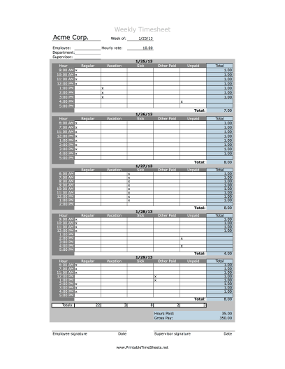 Hourly Timesheet Weekly Printable Time Sheets, free to download 