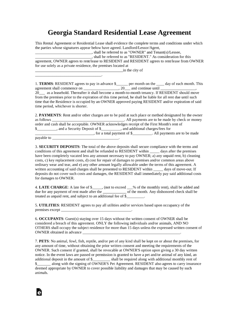 Free Georgia Standard Residential Lease Agreement Template   PDF 