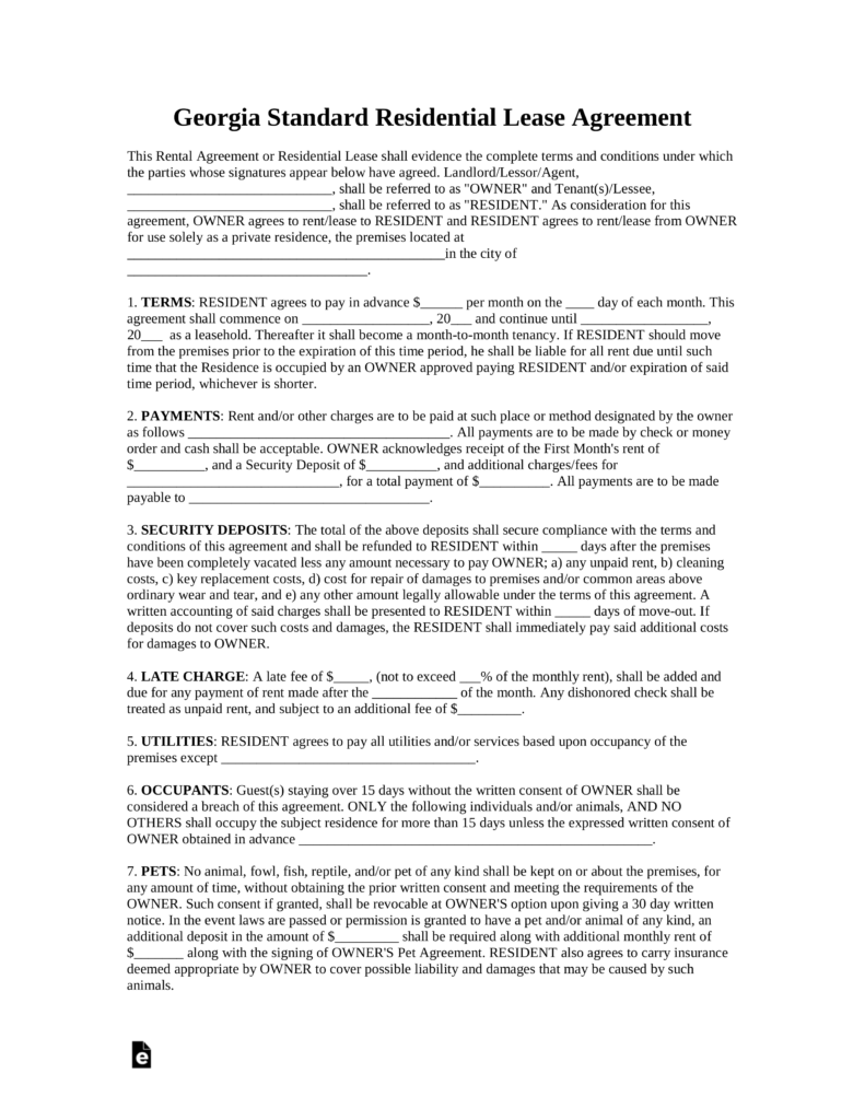 Ga Lease Agreement Template Free