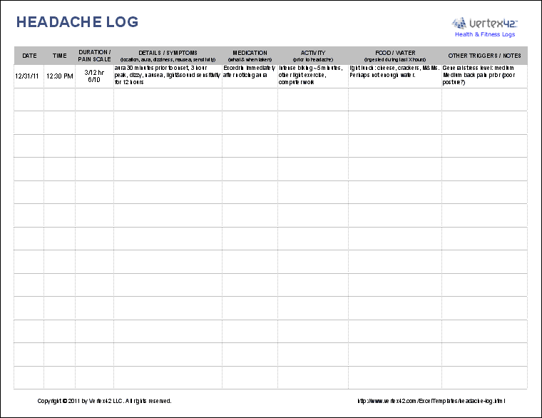 Printable Migraine Diary Template Business PSD Excel Word PDF