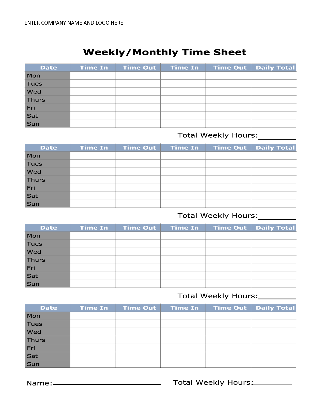 Free Printable Monthly Time Sheets | Time sheet | Timesheet 