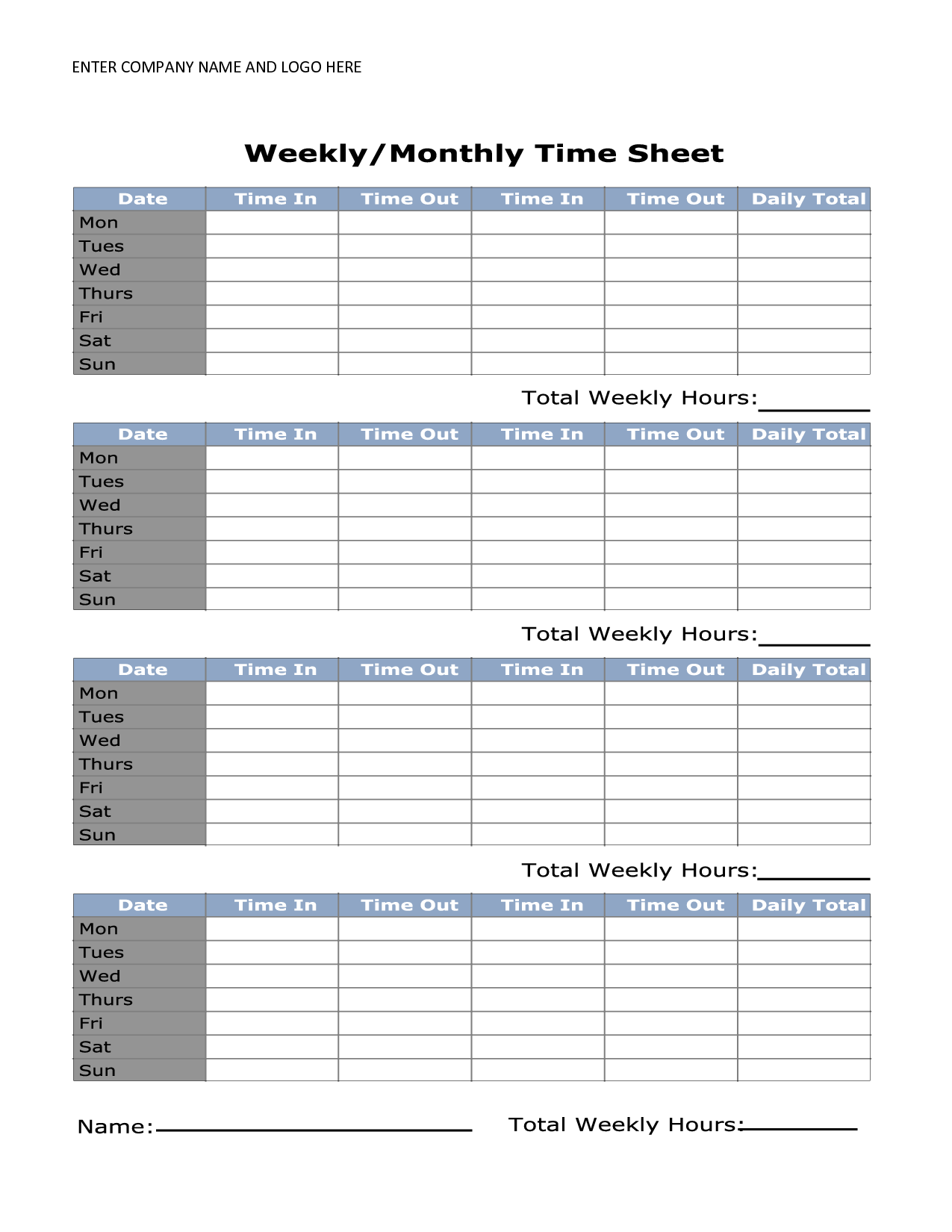 Printable Monthly Timesheet Template Business PSD Excel Word PDF