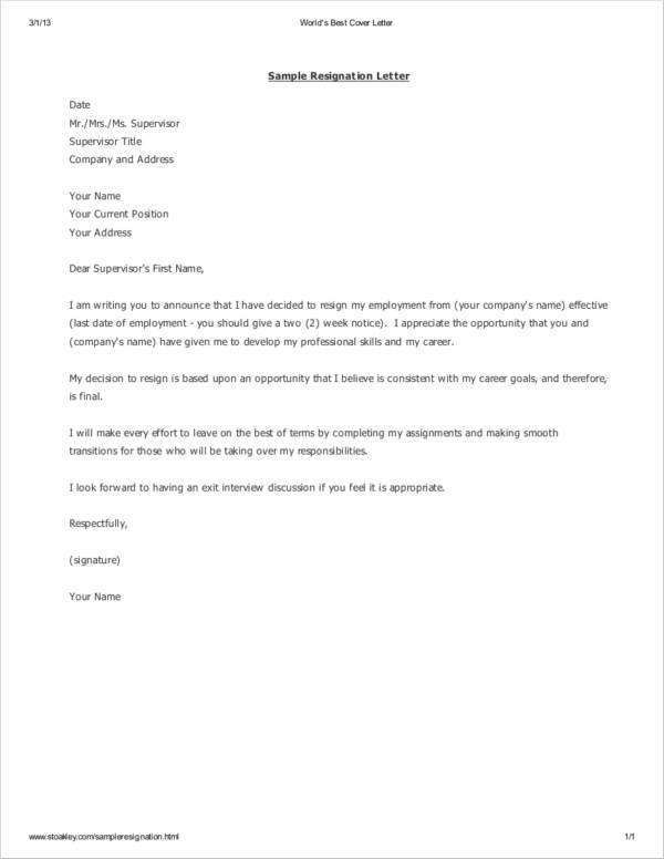Printable Sample Letter of Resignation Form | Laywers Template 