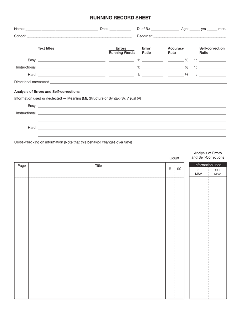 Printable Running Record Sheet   Fill Online, Printable, Fillable 