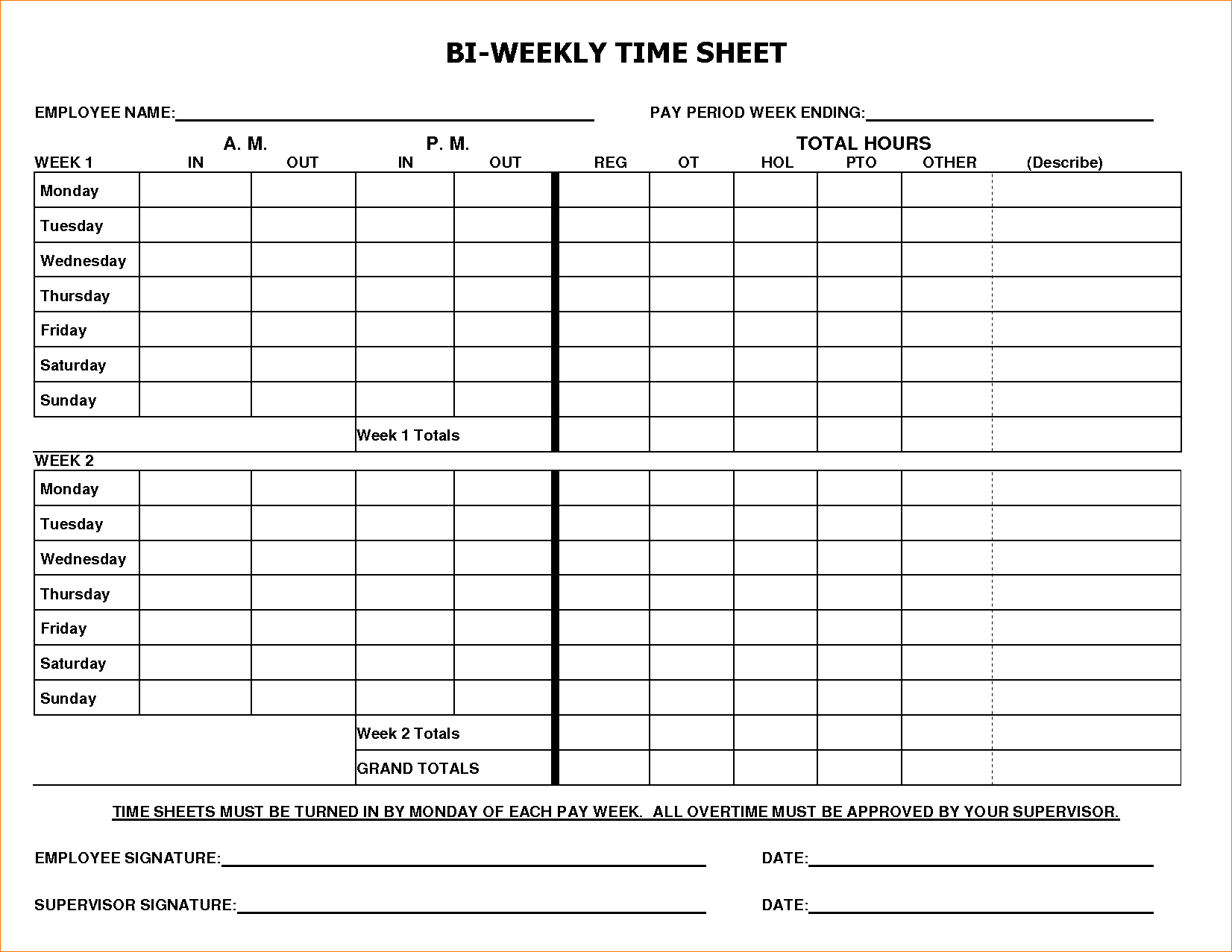 Printable Bi Weekly Timesheet Template Printable Templates