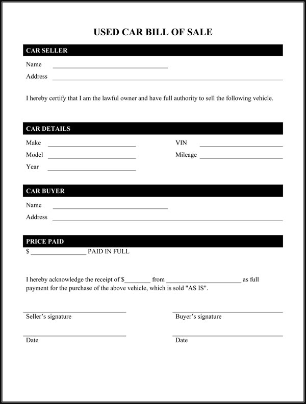 Used Car Bill Of Sale Form