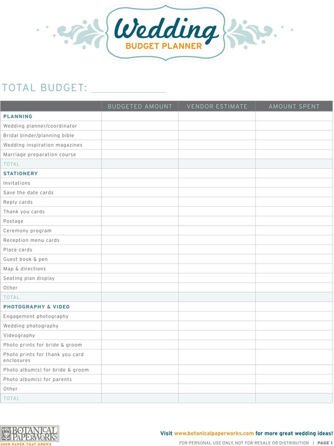Printable Wedding Budget Chart