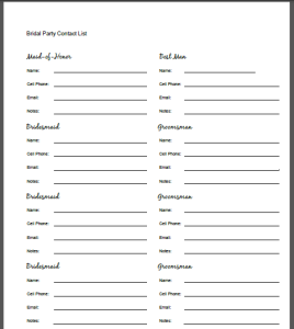 Bridal party contact list printable | wedding in 2019 | Wedding 