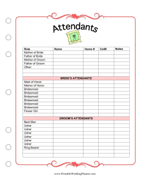 The Wedding Planner Attendants worksheet has room for names and 