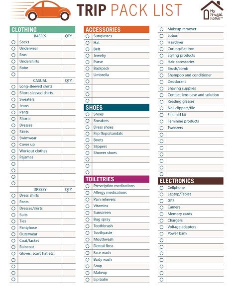 Road Trip Packing List Printable Template Business PSD Excel Word PDF