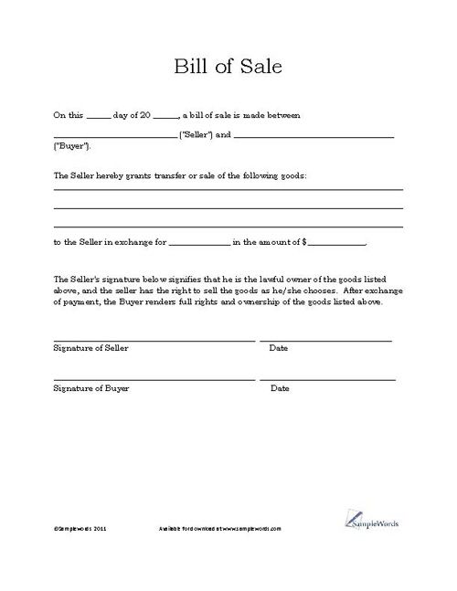 Basic Bill of Sale Template   Printable Blank Form   Microsoft 