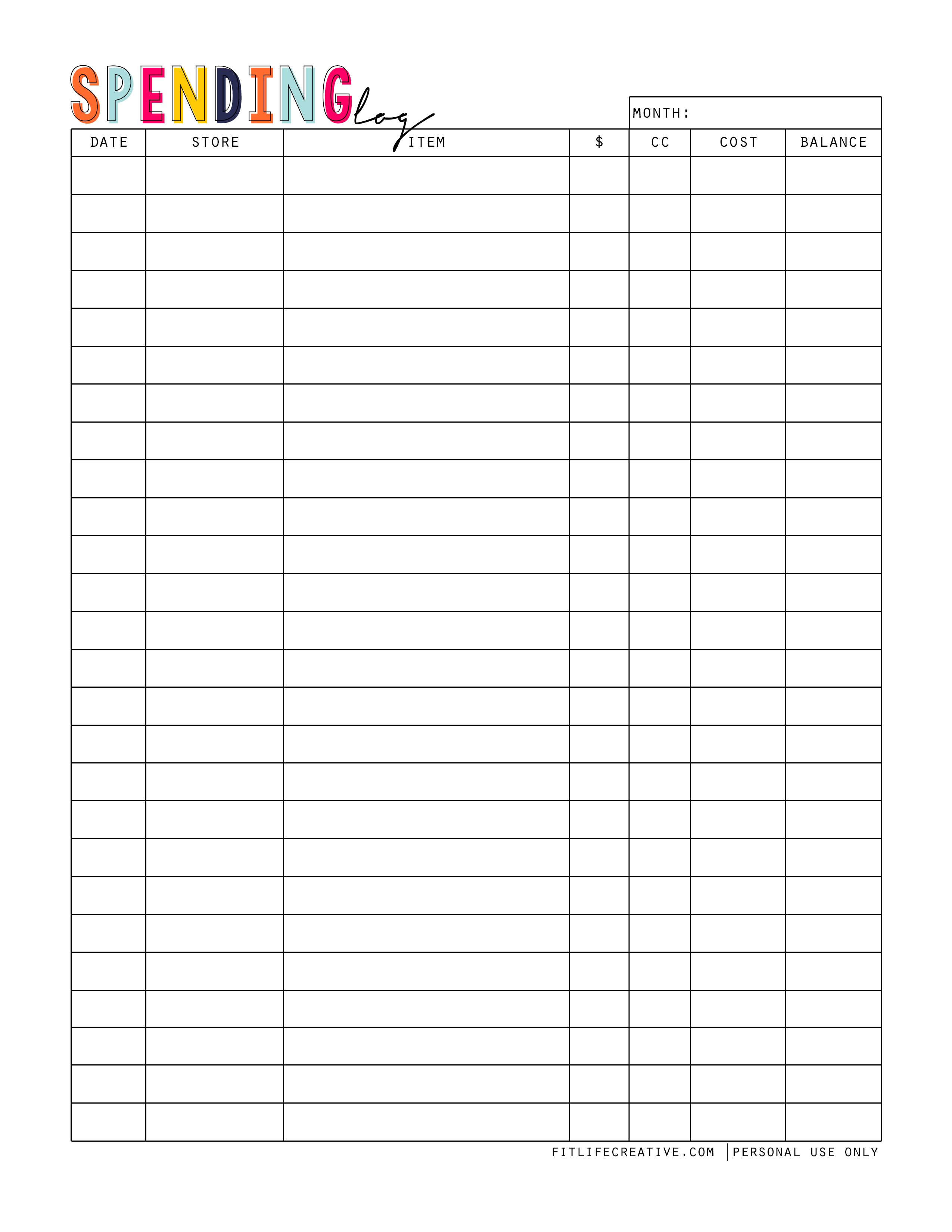 Spending Log printable free to download and use in your favorite 