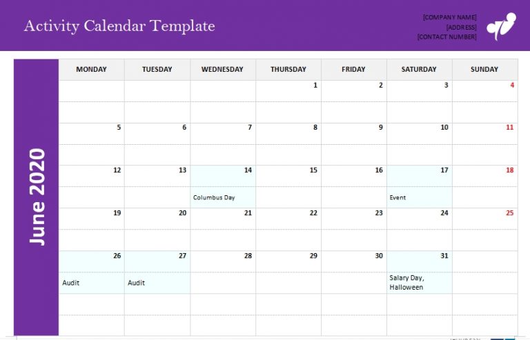 10  Activity Calendar Template Template Business PSD Excel Word PDF