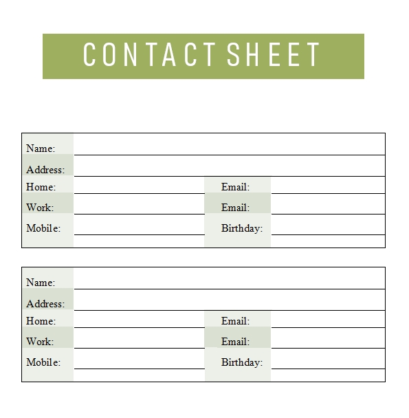 10+ contact sheet template Template Business PSD, Excel, Word, PDF