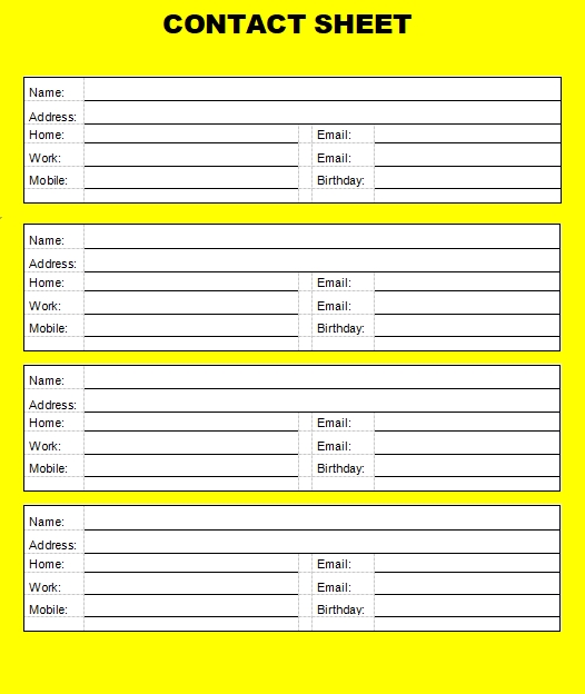 Printable Business Contact Worksheet
