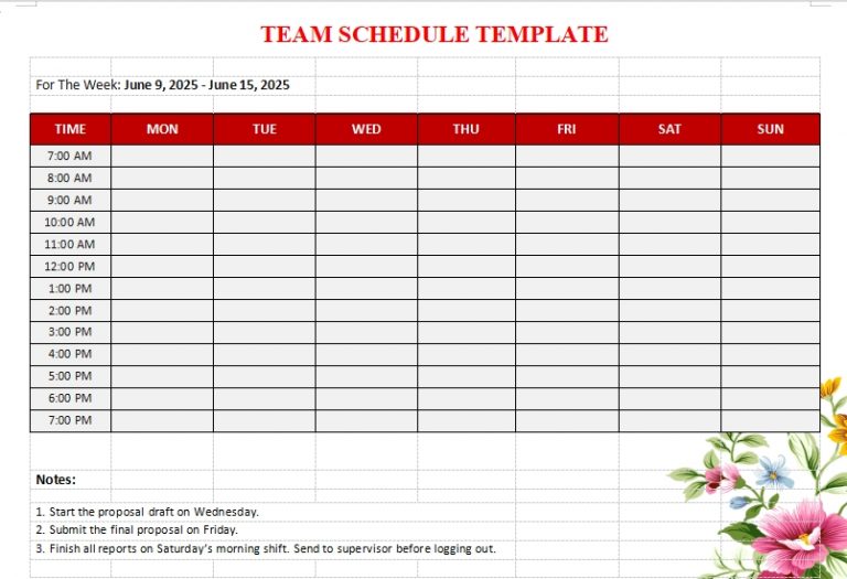 10 8 Team Schedule Template Template Business Psd Excel Word Pdf