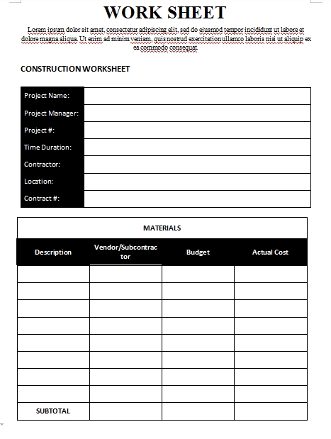 10+ Work sheet template | Template Business PSD, Excel, Word, PDF