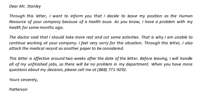 Resignation Letter Due To Health And What To Write Inside It Template