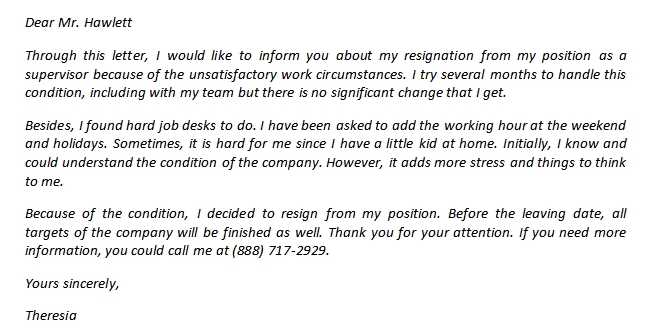 Resignation Letter Due To Unsatisfactory Work Circumstances To Get 