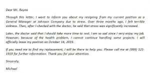 Resignation Letter Due to Stress for Taking More Rest | Template