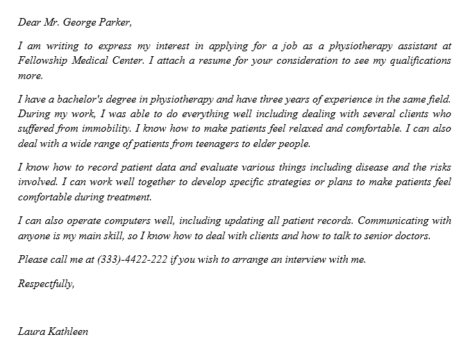 Cover letter for physiotherapy assistant job