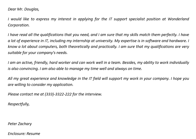 IT Support Specialist Cover Letter sample, Description and Sample